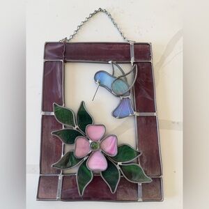 Handmade Stained Glass Hummingbird & Flower Wall Art - Pink, Green, Purple